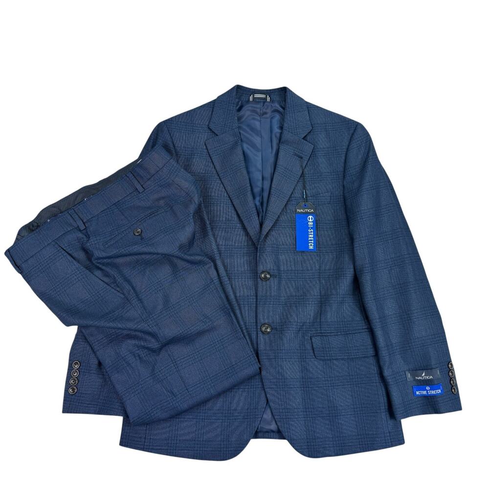 Nautica Mens 2-Piece Modern Fit Bi-Stretch Plaid Suit Navy Blue 36S 30W